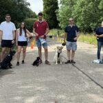 A group of four dogs and their owners at an outdoor dog training class.