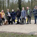 A group of six puppies and their owners at a puppy socialisation class.